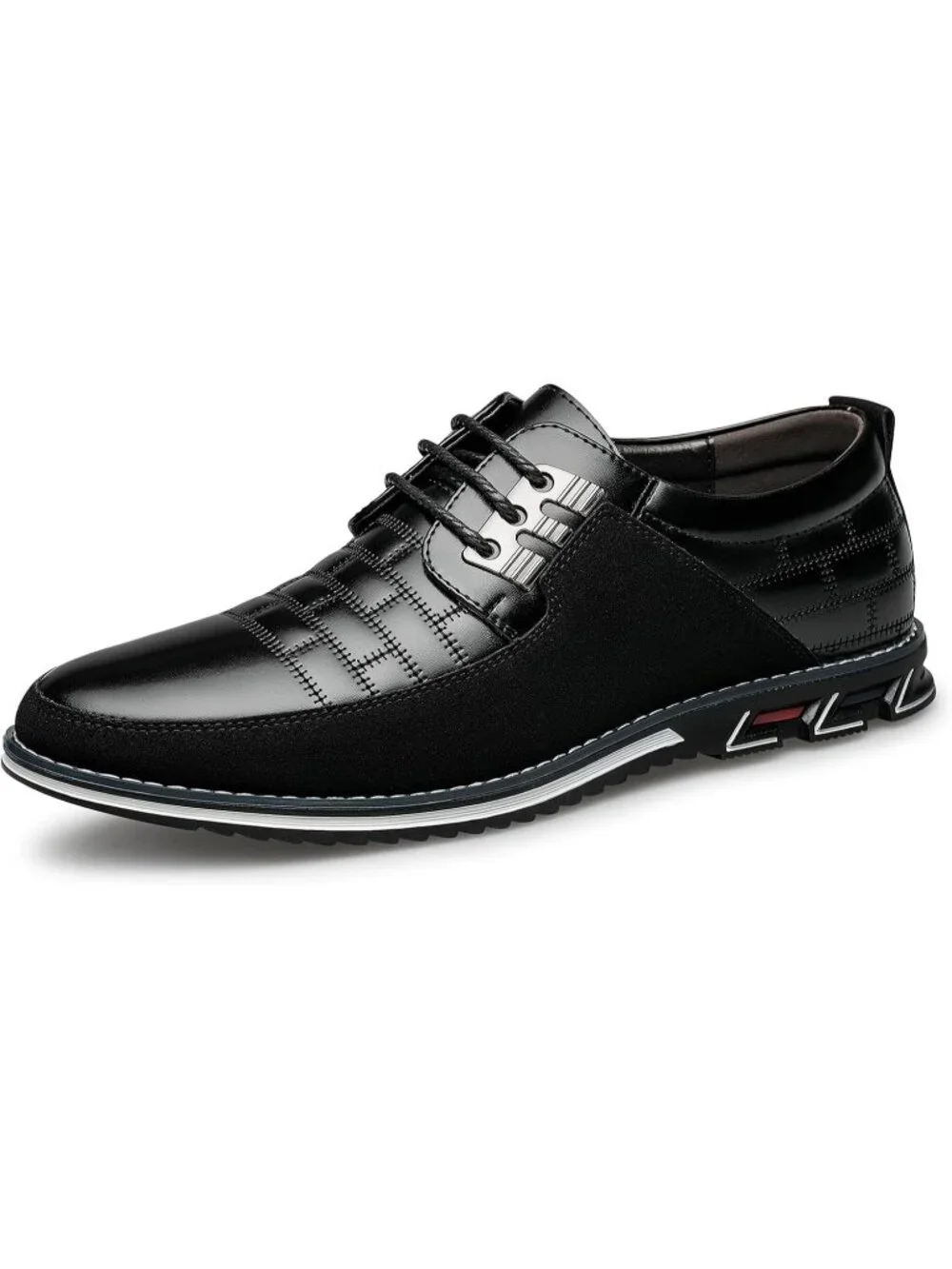 Men's Black Leather Plaid Embossed Grid Comfortable Hybrid Oxford Dress Sneakers